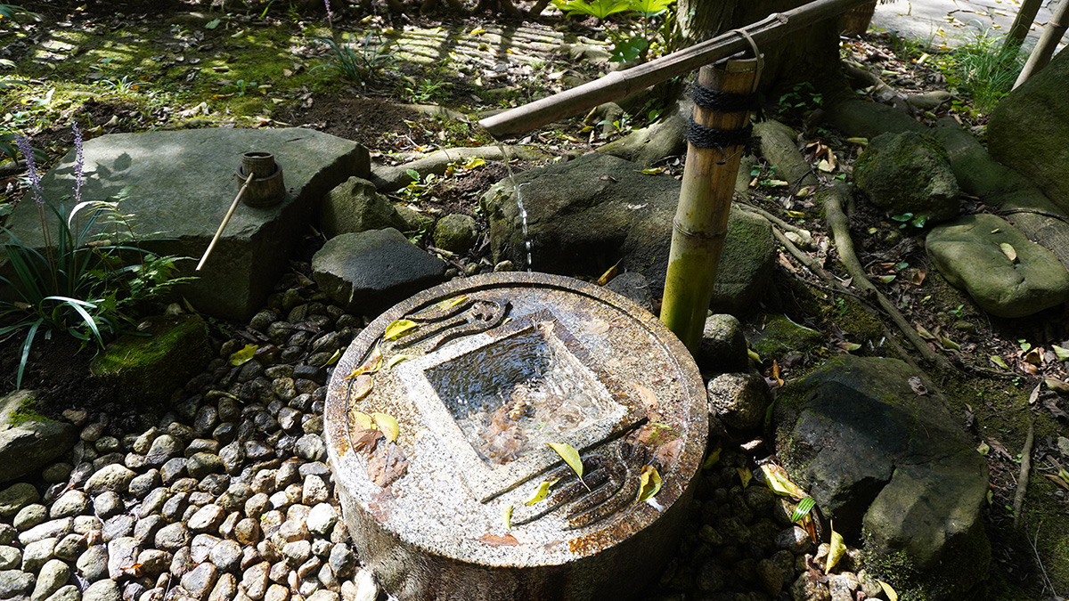 Una "suikinkutsu" (fuente de agua musical) en el patio trasero que produce sonidos atmosféricos.